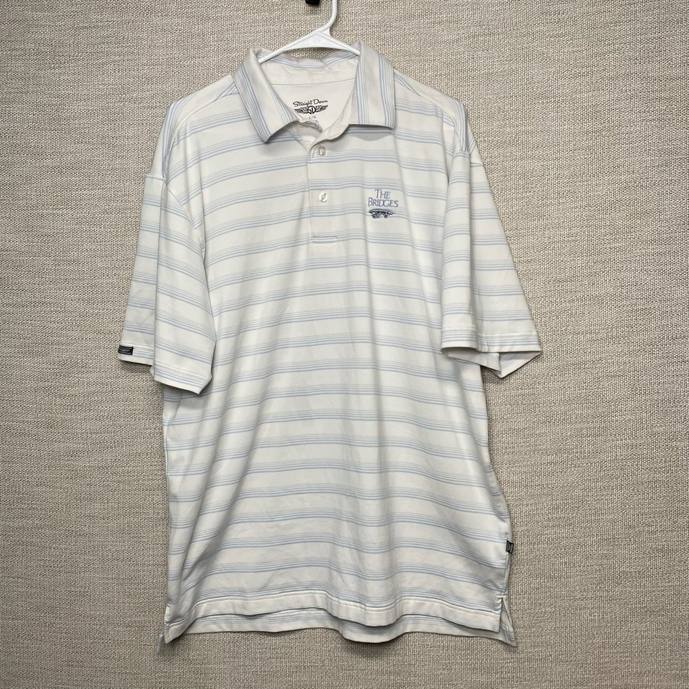 The Bridges Straight Down Golf Polo L Mens White Light Blue Stripe Performance - Picture 2 of 11